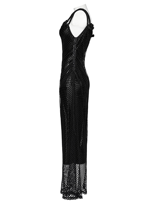 Sexy Black Stretch Mesh Patchwork Taped Side Drawstring Decorative Gothic Style Asymmetric Suspender Dress