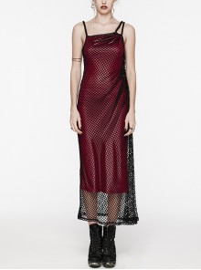 Sexy Black And Red Stretch Mesh Patchwork Taped Side Drawstring Decorative Gothic Style Asymmetric Suspender Dress