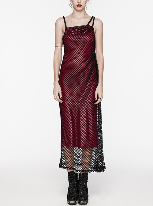 Sexy Black And Red Stretch Mesh Patchwork Taped Side Drawstring Decorative Gothic Style Asymmetric Suspender Dress