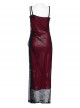 Sexy Black And Red Stretch Mesh Patchwork Taped Side Drawstring Decorative Gothic Style Asymmetric Suspender Dress