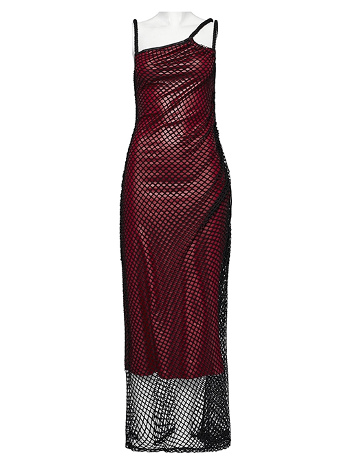Sexy Black And Red Stretch Mesh Patchwork Taped Side Drawstring Decorative Gothic Style Asymmetric Suspender Dress