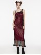 Sexy Black And Red Stretch Mesh Patchwork Taped Side Drawstring Decorative Gothic Style Asymmetric Suspender Dress