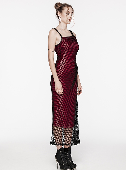 Sexy Black And Red Stretch Mesh Patchwork Taped Side Drawstring Decorative Gothic Style Asymmetric Suspender Dress