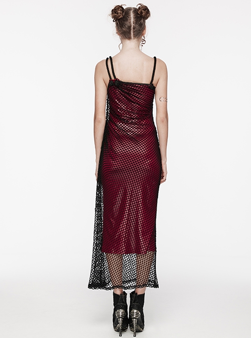 Sexy Black And Red Stretch Mesh Patchwork Taped Side Drawstring Decorative Gothic Style Asymmetric Suspender Dress