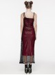 Sexy Black And Red Stretch Mesh Patchwork Taped Side Drawstring Decorative Gothic Style Asymmetric Suspender Dress