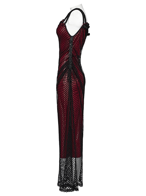 Sexy Black And Red Stretch Mesh Patchwork Taped Side Drawstring Decorative Gothic Style Asymmetric Suspender Dress