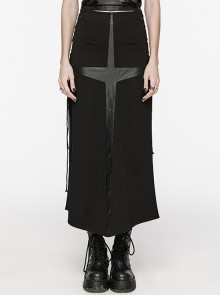 Black Stretch Knit Paneled Cross Taped Pattern Side Metal Eyelet Lace Up Punk Style Slit Skirt