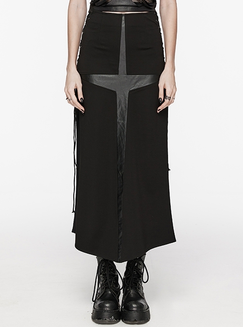 Black Stretch Knit Paneled Cross Taped Pattern Side Metal Eyelet Lace Up Punk Style Slit Skirt