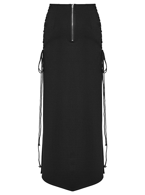 Black Stretch Knit Paneled Cross Taped Pattern Side Metal Eyelet Lace Up Punk Style Slit Skirt