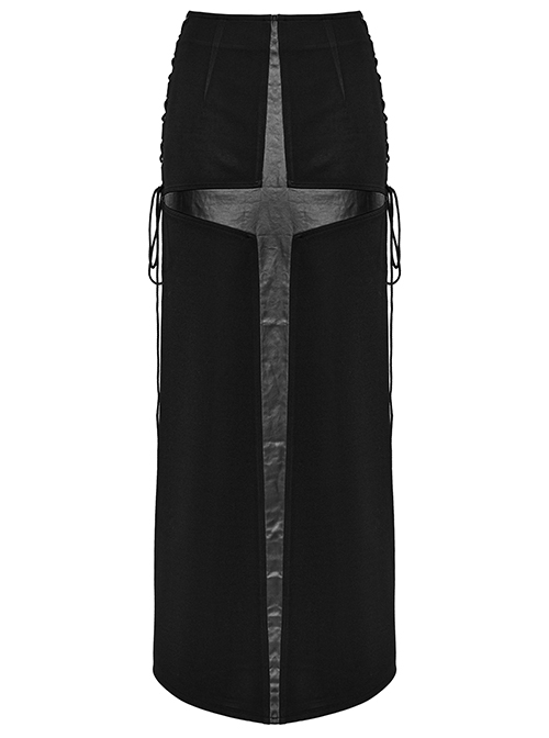 Black Stretch Knit Paneled Cross Taped Pattern Side Metal Eyelet Lace Up Punk Style Slit Skirt