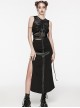 Black Stretch Knit Paneled Cross Taped Pattern Side Metal Eyelet Lace Up Punk Style Slit Skirt