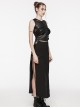Black Stretch Knit Paneled Cross Taped Pattern Side Metal Eyelet Lace Up Punk Style Slit Skirt
