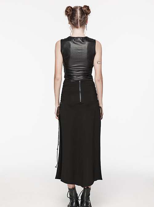 Black Stretch Knit Paneled Cross Taped Pattern Side Metal Eyelet Lace Up Punk Style Slit Skirt