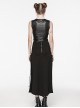 Black Stretch Knit Paneled Cross Taped Pattern Side Metal Eyelet Lace Up Punk Style Slit Skirt