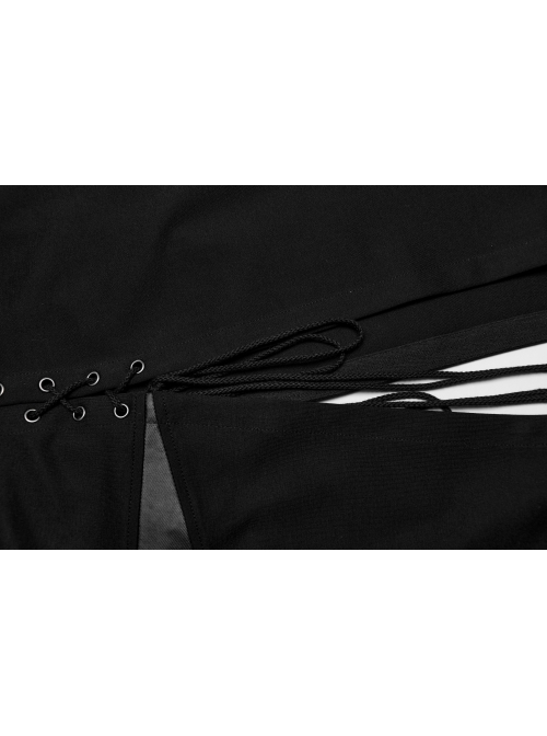 Black Stretch Knit Paneled Cross Taped Pattern Side Metal Eyelet Lace Up Punk Style Slit Skirt