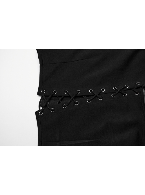 Black Stretch Knit Paneled Cross Taped Pattern Side Metal Eyelet Lace Up Punk Style Slit Skirt