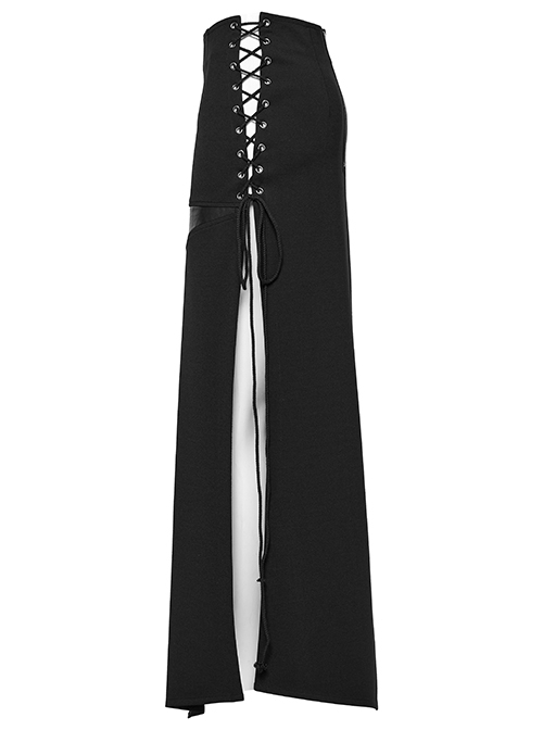 Black Stretch Knit Paneled Cross Taped Pattern Side Metal Eyelet Lace Up Punk Style Slit Skirt