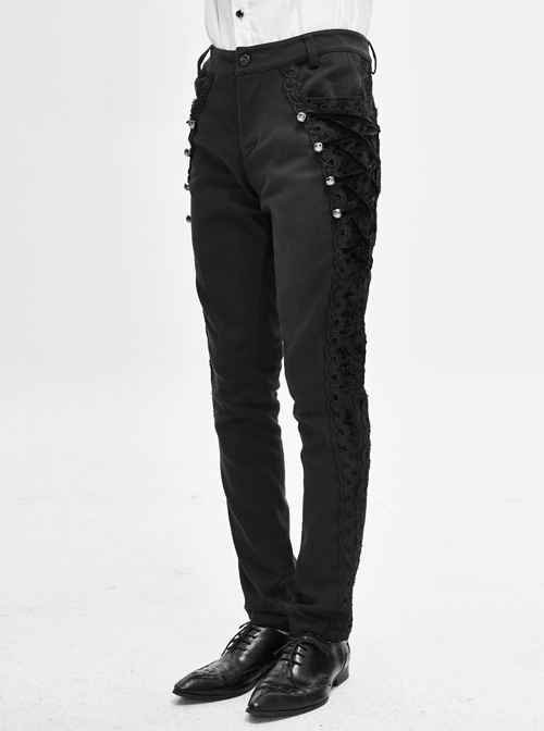 Side Buttons Side Flocking Lace-Up Rivet Black Twill Gothic Pants
