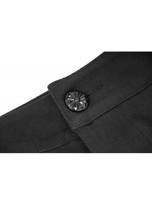 Side Buttons Side Flocking Lace-Up Rivet Black Twill Gothic Pants