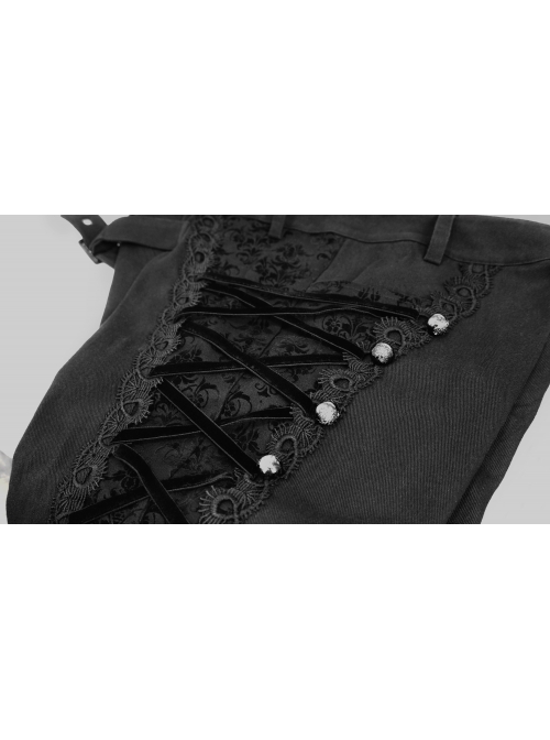 Side Buttons Side Flocking Lace-Up Rivet Black Twill Gothic Pants