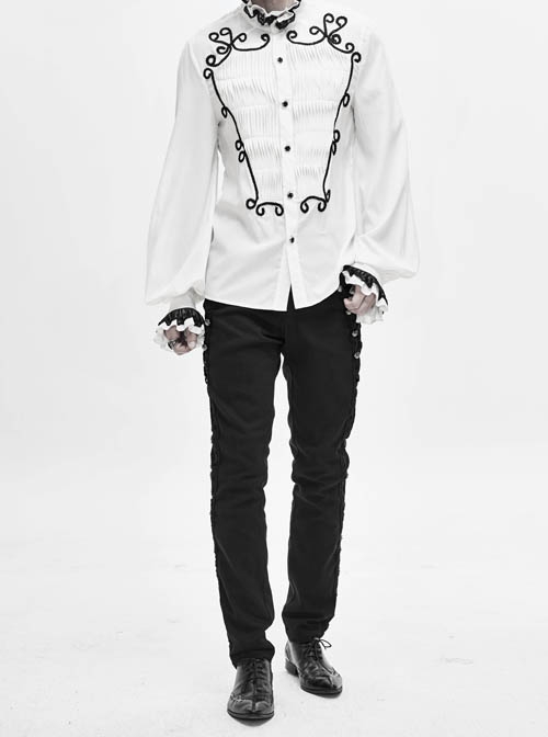 Side Buttons Side Flocking Lace-Up Rivet Black Twill Gothic Pants