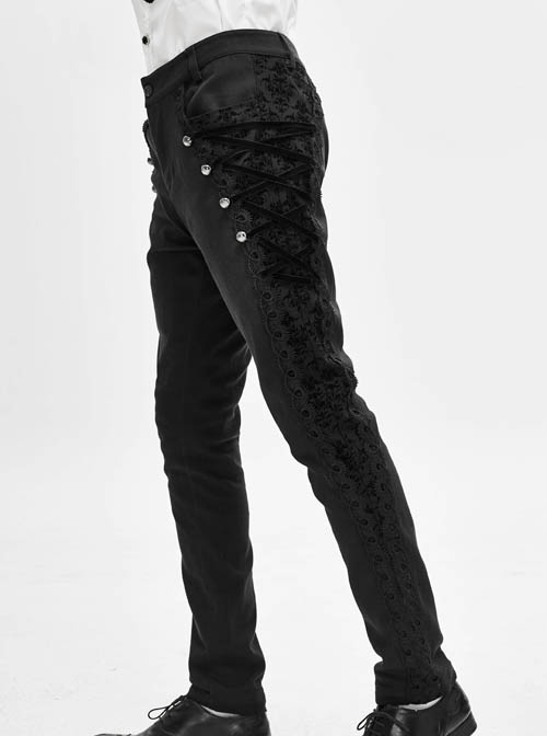 Side Buttons Side Flocking Lace-Up Rivet Black Twill Gothic Pants