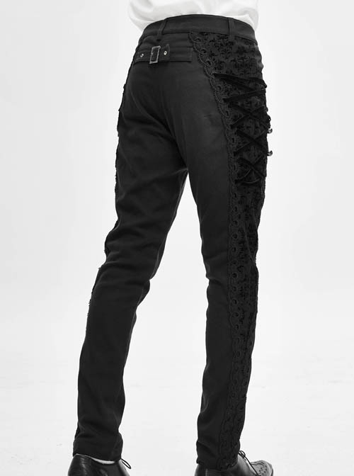 Side Buttons Side Flocking Lace-Up Rivet Black Twill Gothic Pants