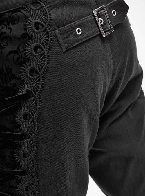 Side Buttons Side Flocking Lace-Up Rivet Black Twill Gothic Pants