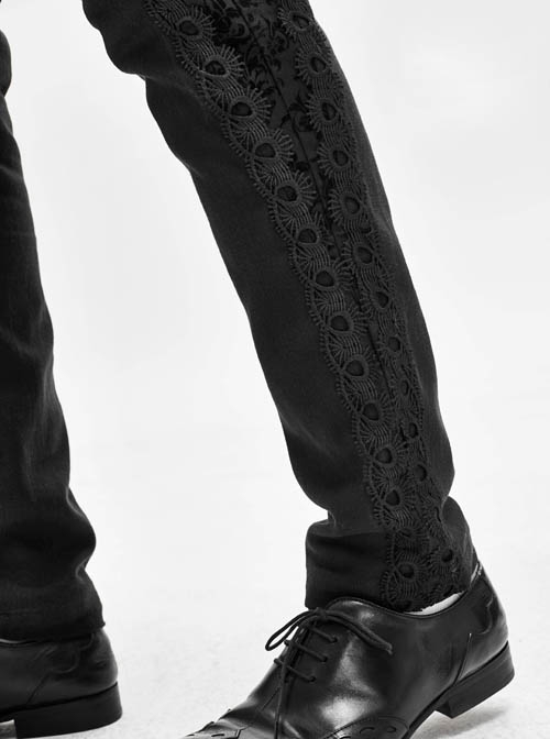 Side Buttons Side Flocking Lace-Up Rivet Black Twill Gothic Pants