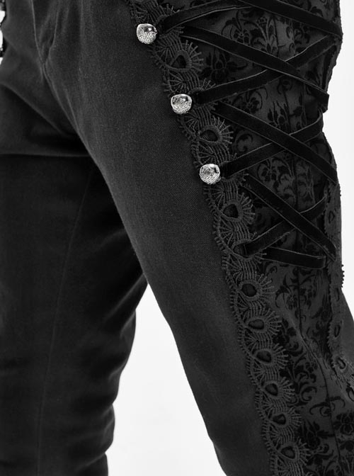 Side Buttons Side Flocking Lace-Up Rivet Black Twill Gothic Pants