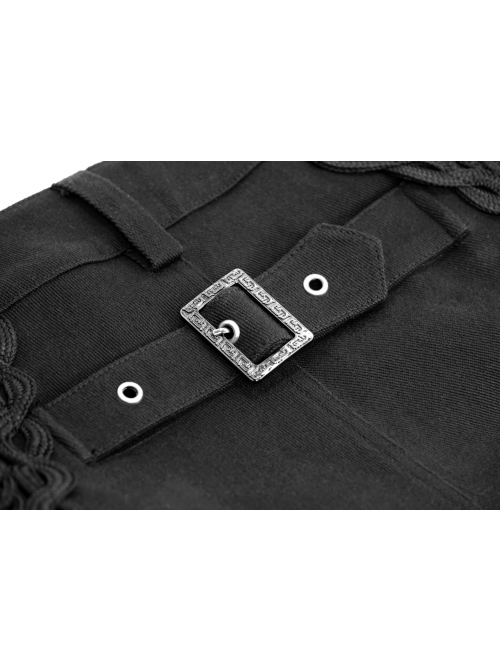 Side Buttons Side Flocking Lace-Up Rivet Black Twill Gothic Pants