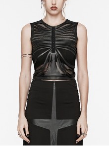 Personalized Black Laminated Splicing See Through Mesh Front Chest Cut Skinny Punk Style Sleeveless Vest