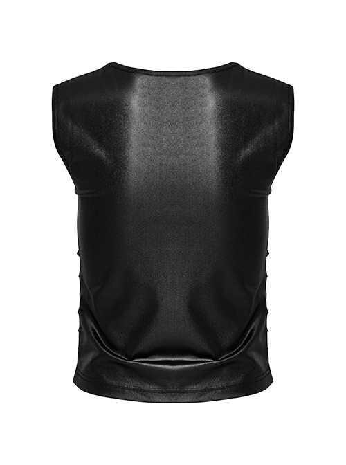 Personalized Black Laminated Splicing See Through Mesh Front Chest Cut Skinny Punk Style Sleeveless Vest