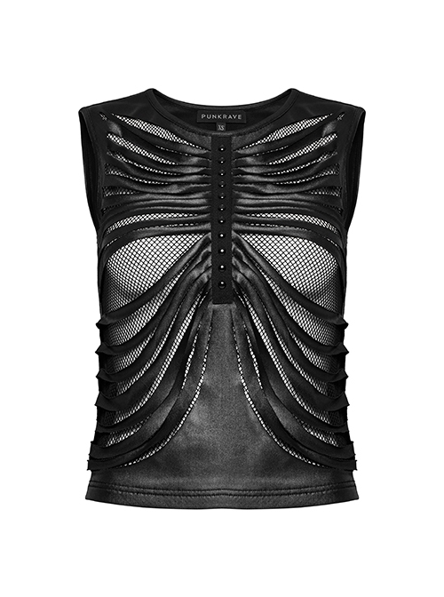 Personalized Black Laminated Splicing See Through Mesh Front Chest Cut Skinny Punk Style Sleeveless Vest