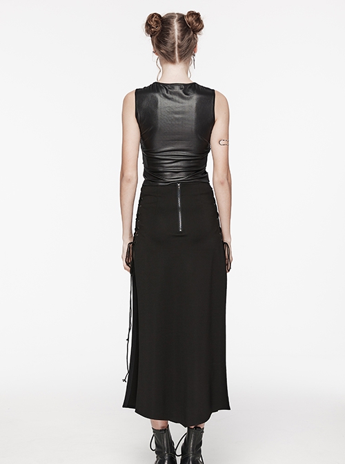 Personalized Black Laminated Splicing See Through Mesh Front Chest Cut Skinny Punk Style Sleeveless Vest