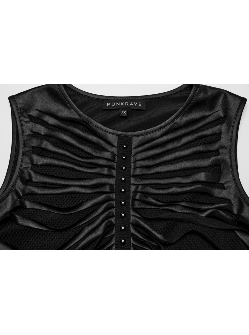 Personalized Black Laminated Splicing See Through Mesh Front Chest Cut Skinny Punk Style Sleeveless Vest