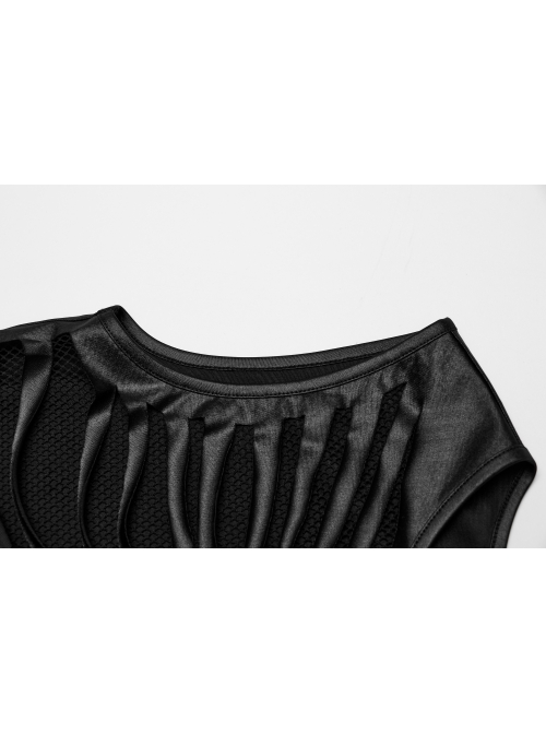 Personalized Black Laminated Splicing See Through Mesh Front Chest Cut Skinny Punk Style Sleeveless Vest