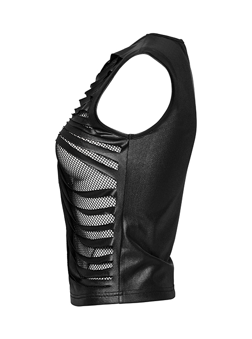 Personalized Black Laminated Splicing See Through Mesh Front Chest Cut Skinny Punk Style Sleeveless Vest