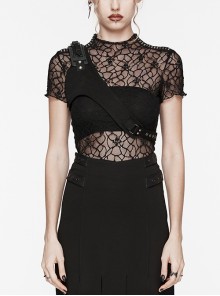 Handsome Black Micro Elastic Twill With Plastic Shoulder Pads And Punk Style Adjustable Harness
