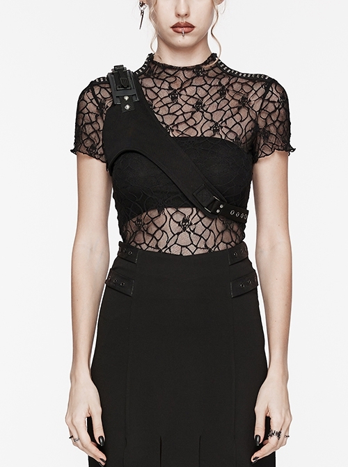 Handsome Black Micro Elastic Twill With Plastic Shoulder Pads And Punk Style Adjustable Harness