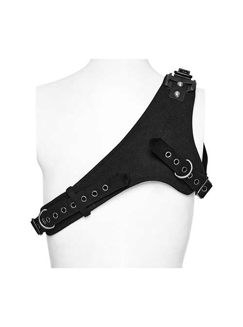 Handsome Black Micro Elastic Twill With Plastic Shoulder Pads And Punk Style Adjustable Harness