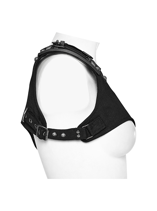 Handsome Black Micro Elastic Twill With Plastic Shoulder Pads And Punk Style Adjustable Harness