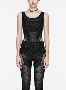 Sexy Black Printed High Cut Mesh Side Mesh Punk Style Daily Slim Vest