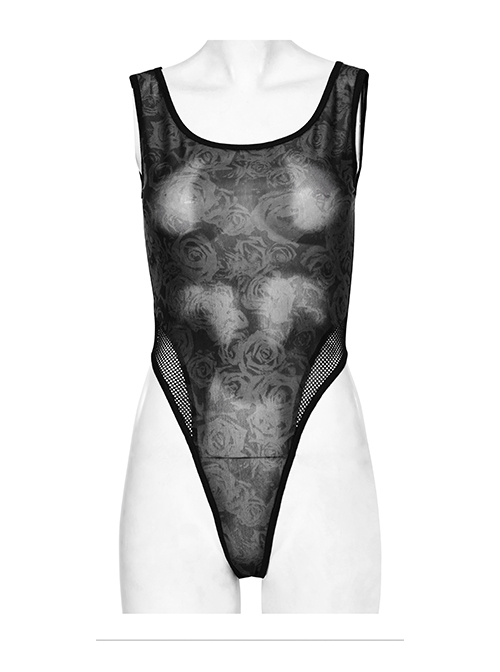 Sexy Black Printed High Cut Mesh Side Mesh Punk Style Daily Slim Vest
