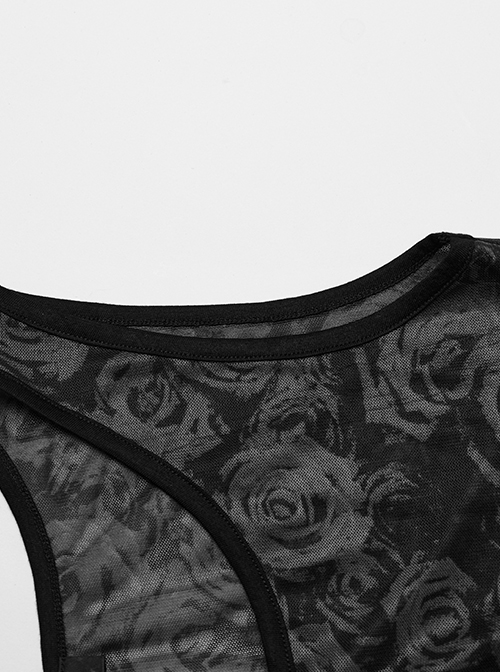 Sexy Black Printed High Cut Mesh Side Mesh Punk Style Daily Slim Vest