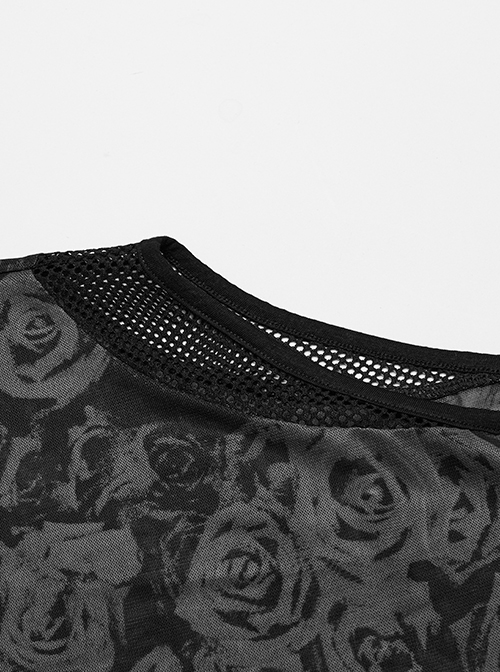 Sexy Black Printed High Cut Mesh Side Mesh Punk Style Daily Slim Vest