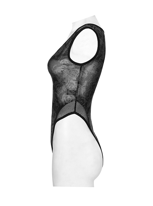 Sexy Black Printed High Cut Mesh Side Mesh Punk Style Daily Slim Vest
