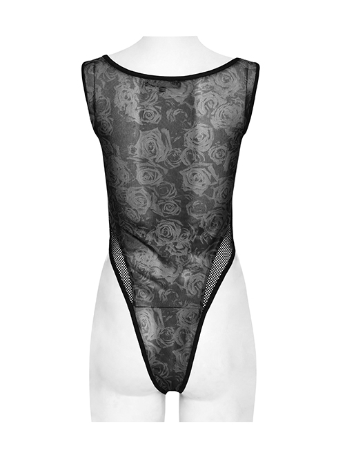 Sexy Black Printed High Cut Mesh Side Mesh Punk Style Daily Slim Vest