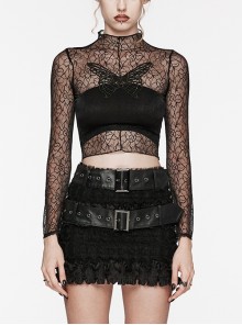 Black Sexy Patterned Mesh With Butterfly Embroidery On The Chest Gothic Style See Through Long Sleeved T-Shirt