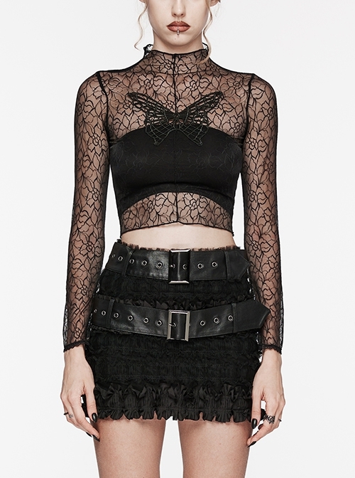 Black Sexy Patterned Mesh With Butterfly Embroidery On The Chest Gothic Style See Through Long Sleeved T-Shirt